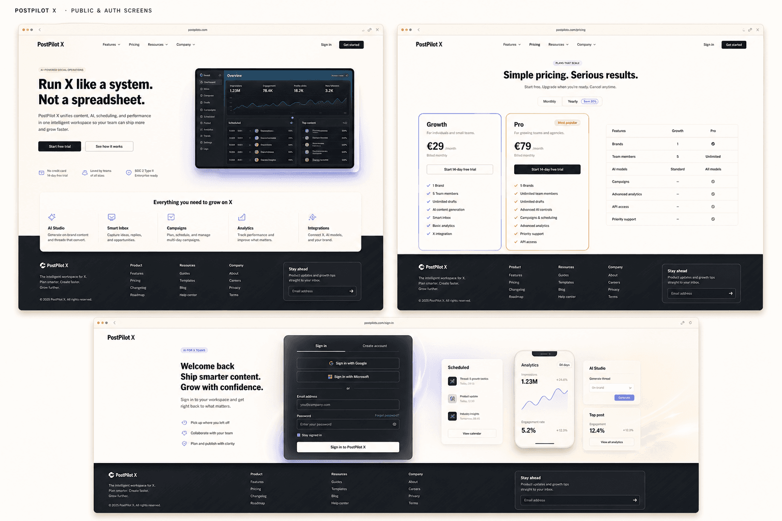 Stepost public and sign-in interface previews